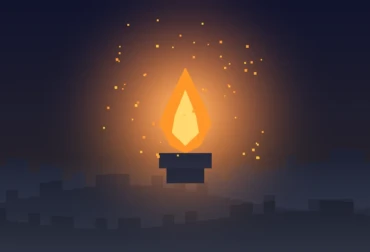 Illustration of a glowing flame on a stone pedestal above dark blocky hills at dusk