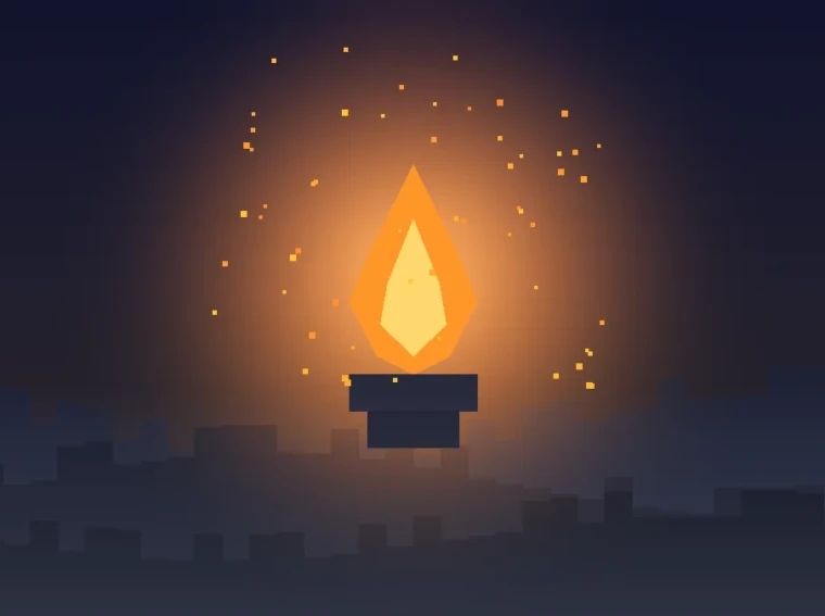 Illustration of a glowing flame on a stone pedestal above dark blocky hills at dusk